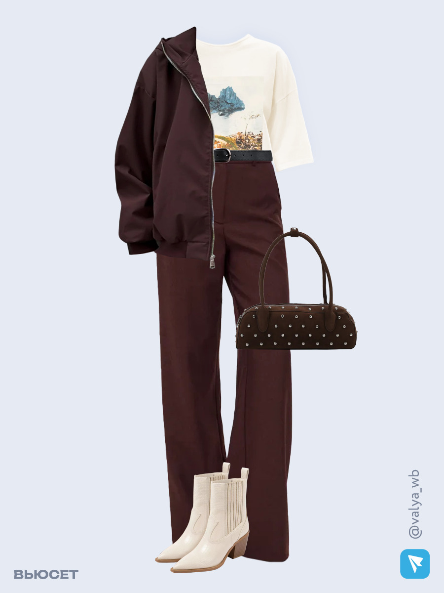 Образ с Вайлдберриз с артикулами (куртка, футболка, брюки, сумка, ботильоны, ремень)