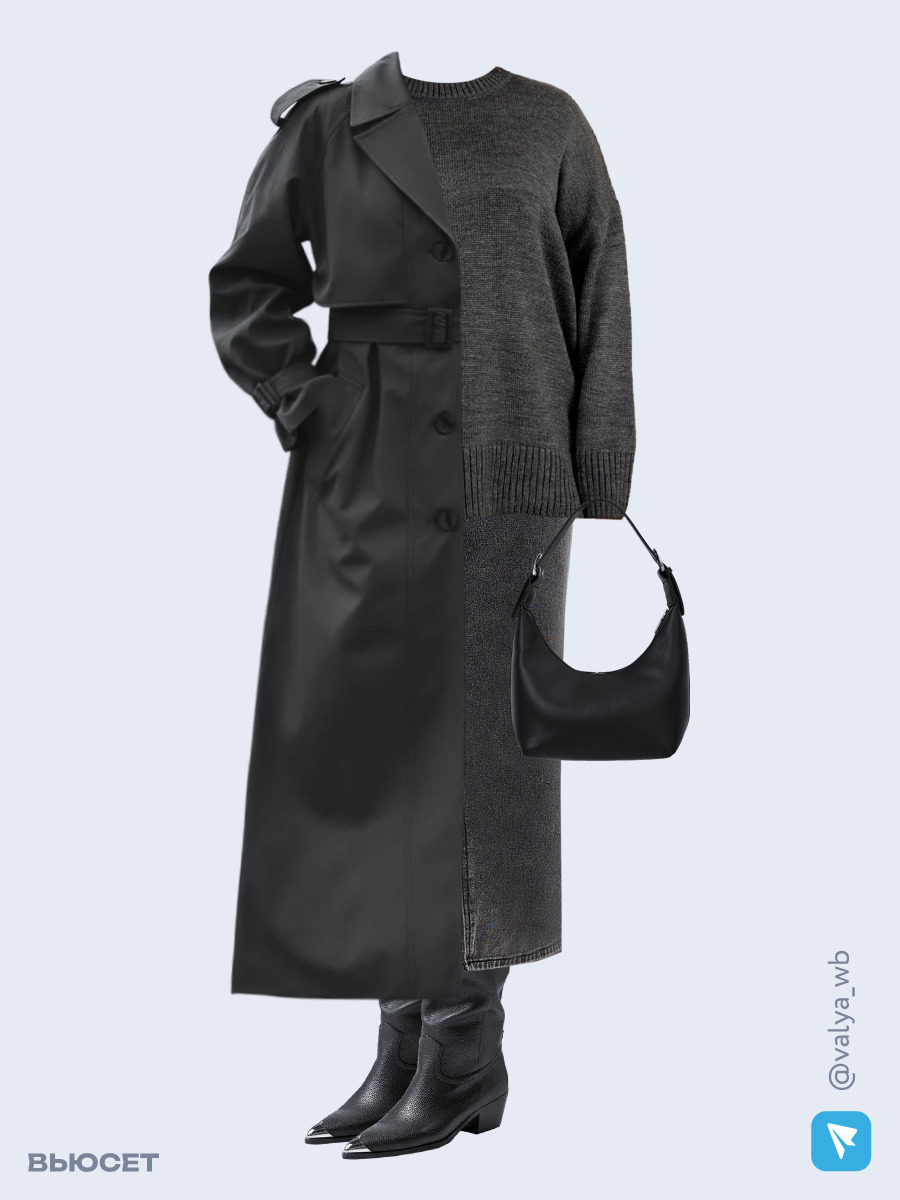 Образ с Вайлдберриз с артикулами (плащ, свитер, юбка, сумка, сапоги)