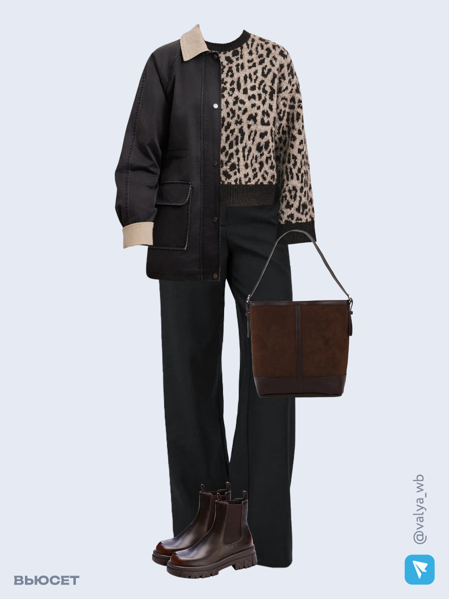 Образ с Вайлдберриз с артикулами (куртка, джемпер, брюки, сумка, ботинки)