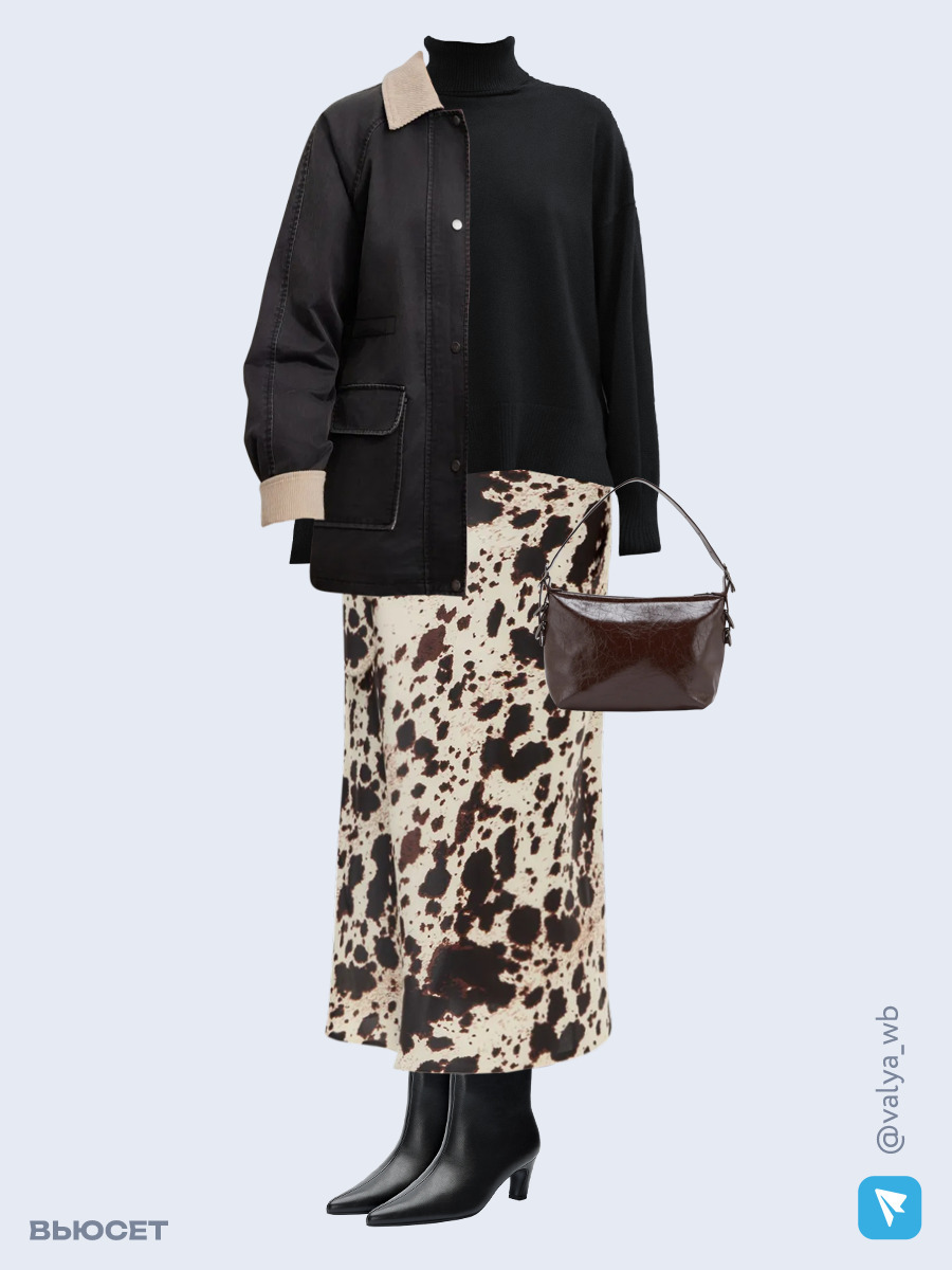 Образ с Вайлдберриз с артикулами (куртка, джемпер, юбка, сумка, ботильоны)