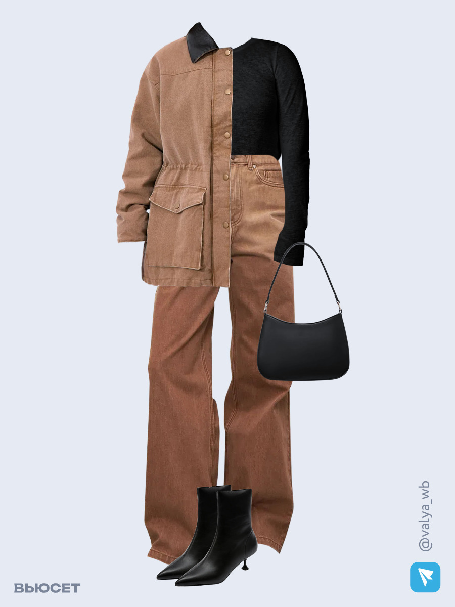 Образ с Вайлдберриз с артикулами (куртка, лонгслив, джинсы, сумка, ботильоны)