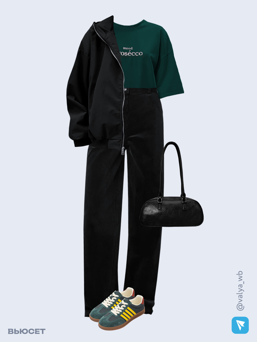 Образ с Вайлдберриз с артикулами (куртка, футболка, брюки, сумка, кроссовки)