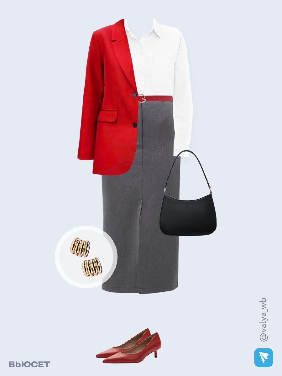 Образ с Вайлдберриз с артикулами (жакет, рубашка, юбка, сумка, туфли, серьги, ремень)