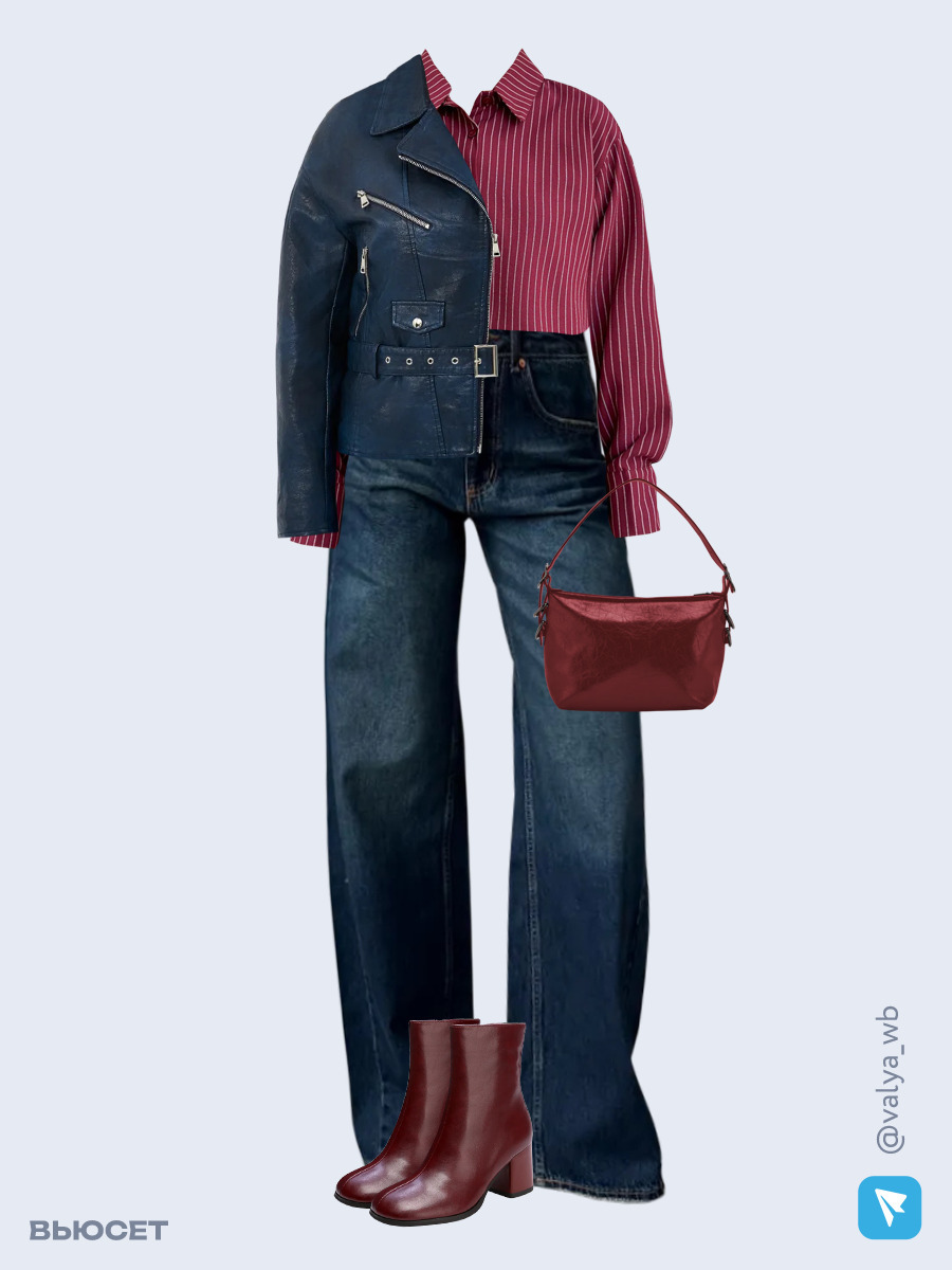 Образ с Вайлдберриз с артикулами (куртка, рубашка, джинсы, сумка, ботильоны)
