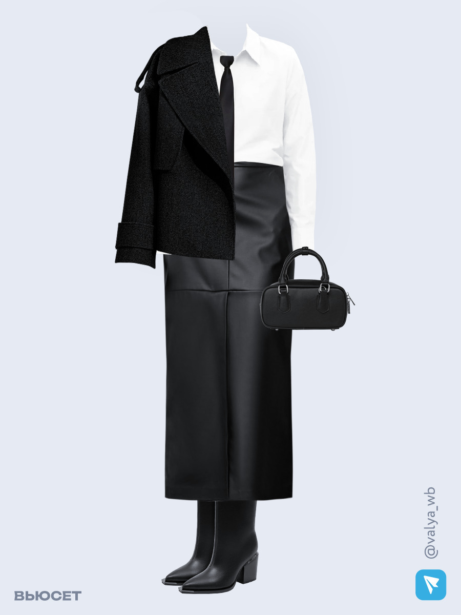 Образ с Вайлдберриз с артикулами (пальто, рубашка, юбка, сумка, ботильоны, галстук)