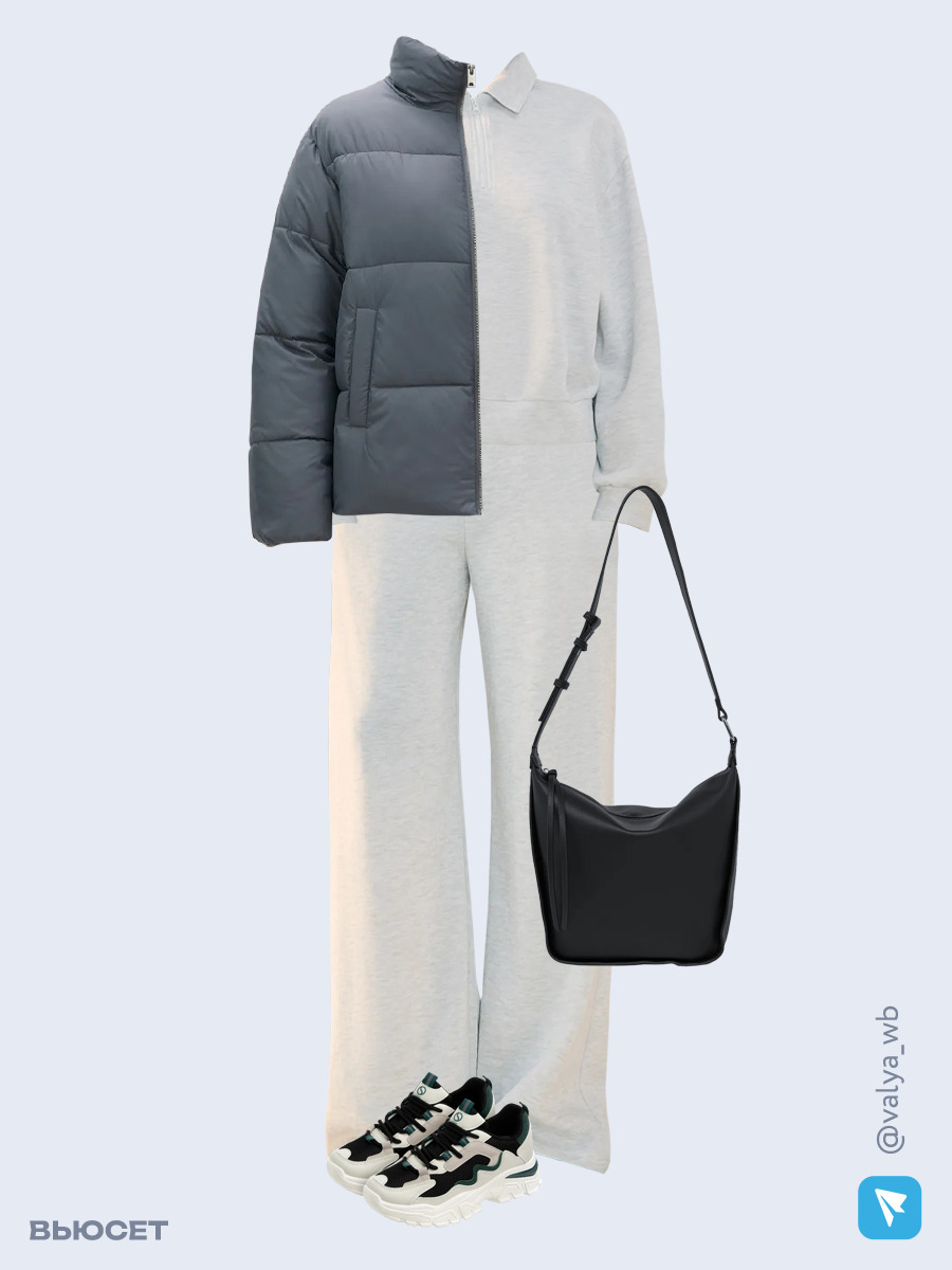 Образ с Вайлдберриз с артикулами (куртка, свитшот, брюки, сумка, кроссовки)