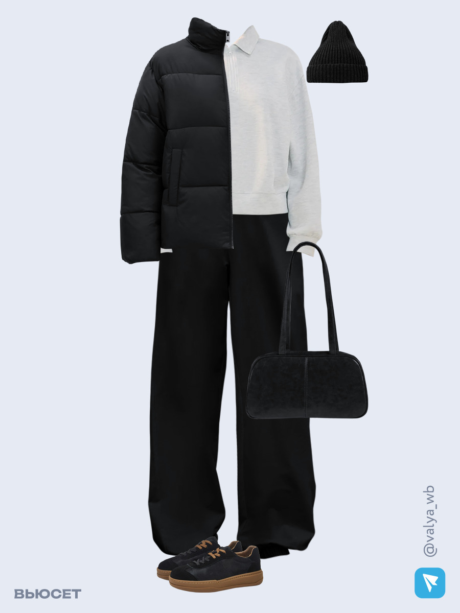 Образ с Вайлдберриз с артикулами (куртка, свитшот, брюки, сумка, кеды, шапка)