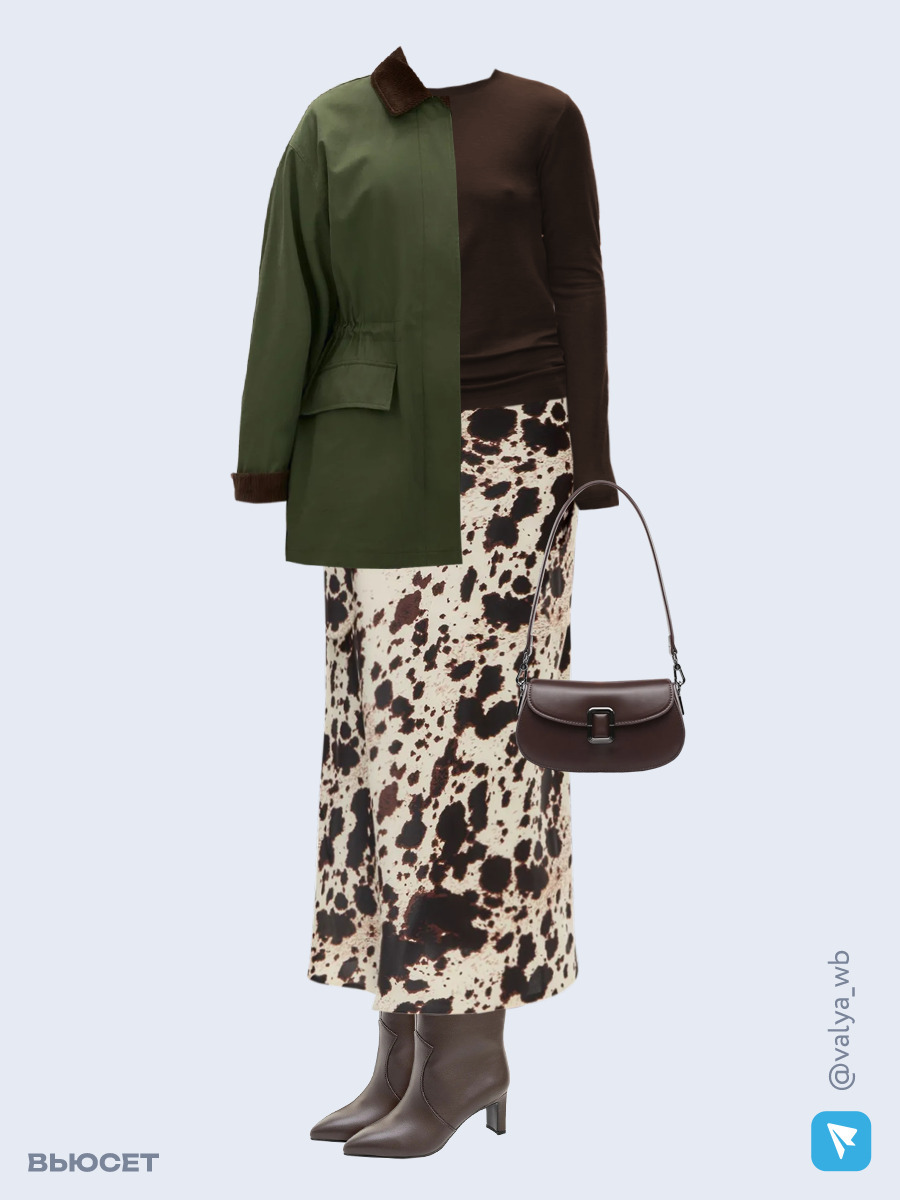 Образ с Вайлдберриз с артикулами (куртка, лонгслив, юбка, сумка, ботильоны)