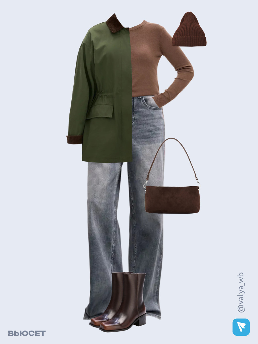 Образ с Вайлдберриз с артикулами (куртка, кардиган, джинсы, сумка, ботильоны, шапка)