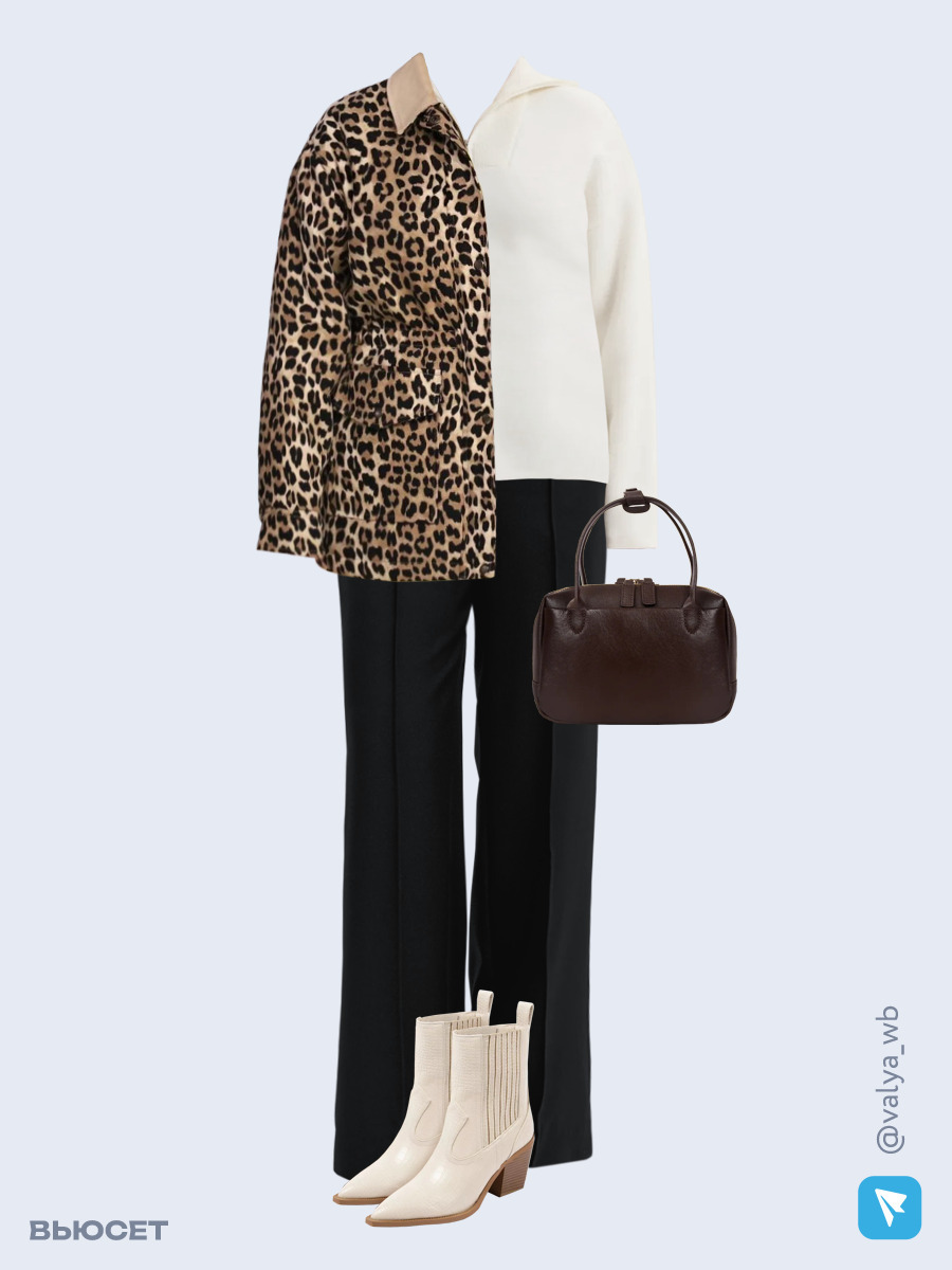 Образ с Вайлдберриз с артикулами (куртка, свитер, брюки, сумка, ботильоны)