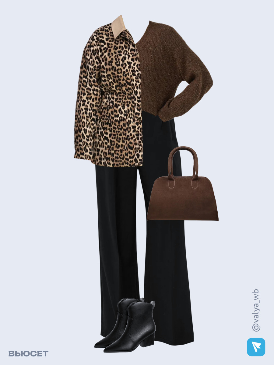 Образ с Вайлдберриз с артикулами (куртка, джемпер, брюки, сумка, ботильоны)