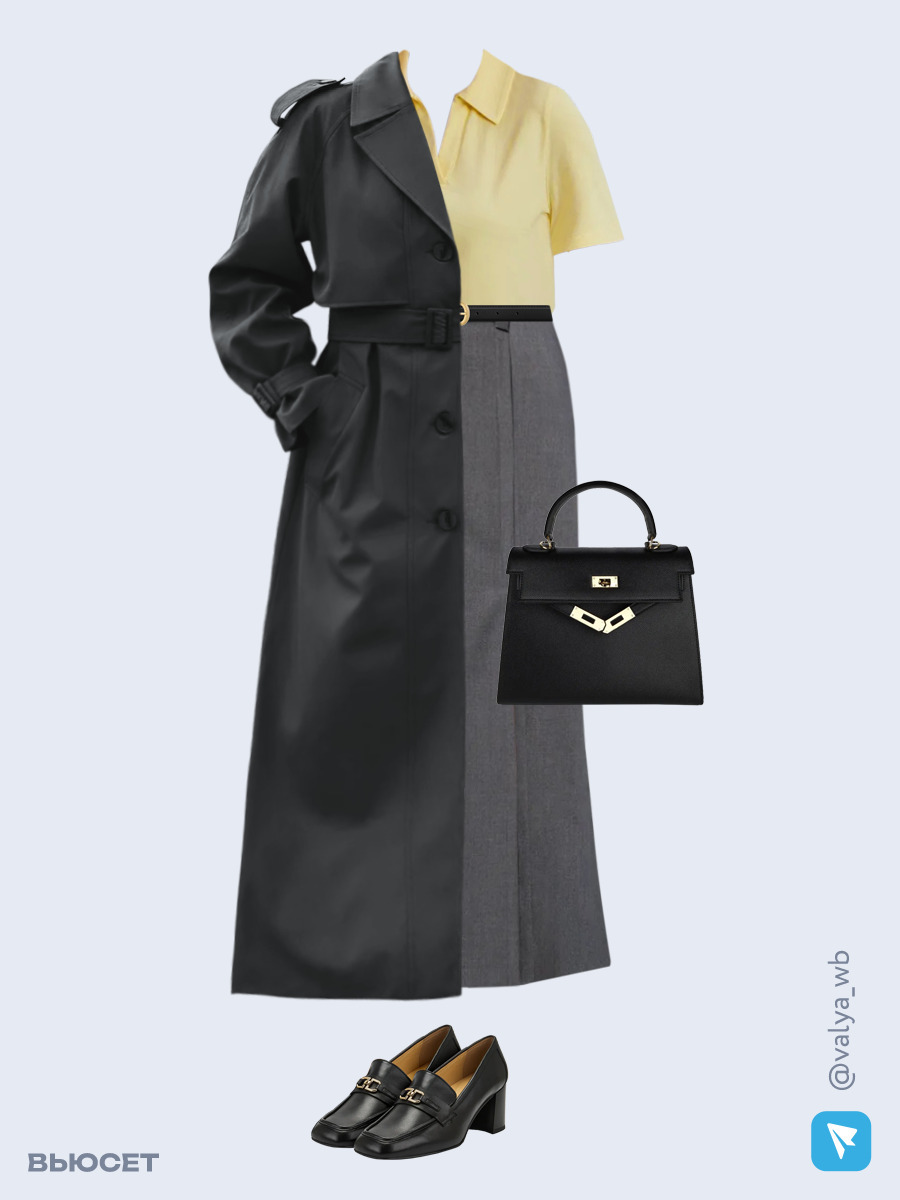 Образ с Вайлдберриз с артикулами (плащ, футболка, юбка, сумка, туфли, ремень)