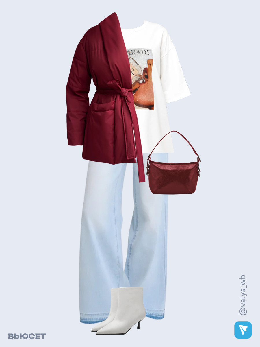 Образ с Вайлдберриз с артикулами (куртка, футболка, джинсы, сумка, ботильоны)