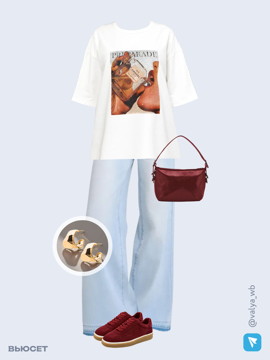 Образ с Вайлдберриз с артикулами (футболка, джинсы, сумка, кеды, серьги)