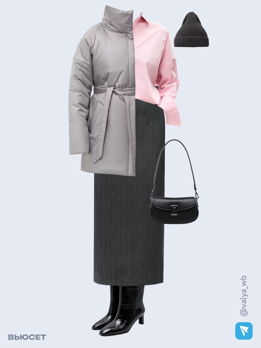 Образ с Вайлдберриз с артикулами (куртка, рубашка, юбка, сумка, ботильоны, шапка)
