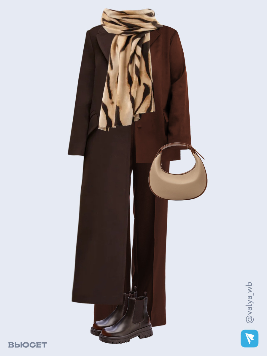 Образ с Вайлдберриз с артикулами (пальто, жакет, рубашка, брюки, сумка, ботинки, шарф)