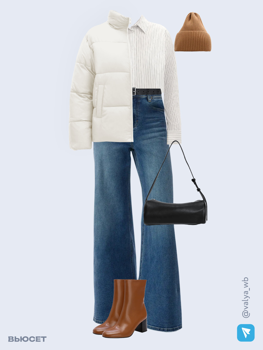 Образ с Вайлдберриз с артикулами (куртка, рубашка, джинсы, сумка, ботильоны, шапка, ремень)