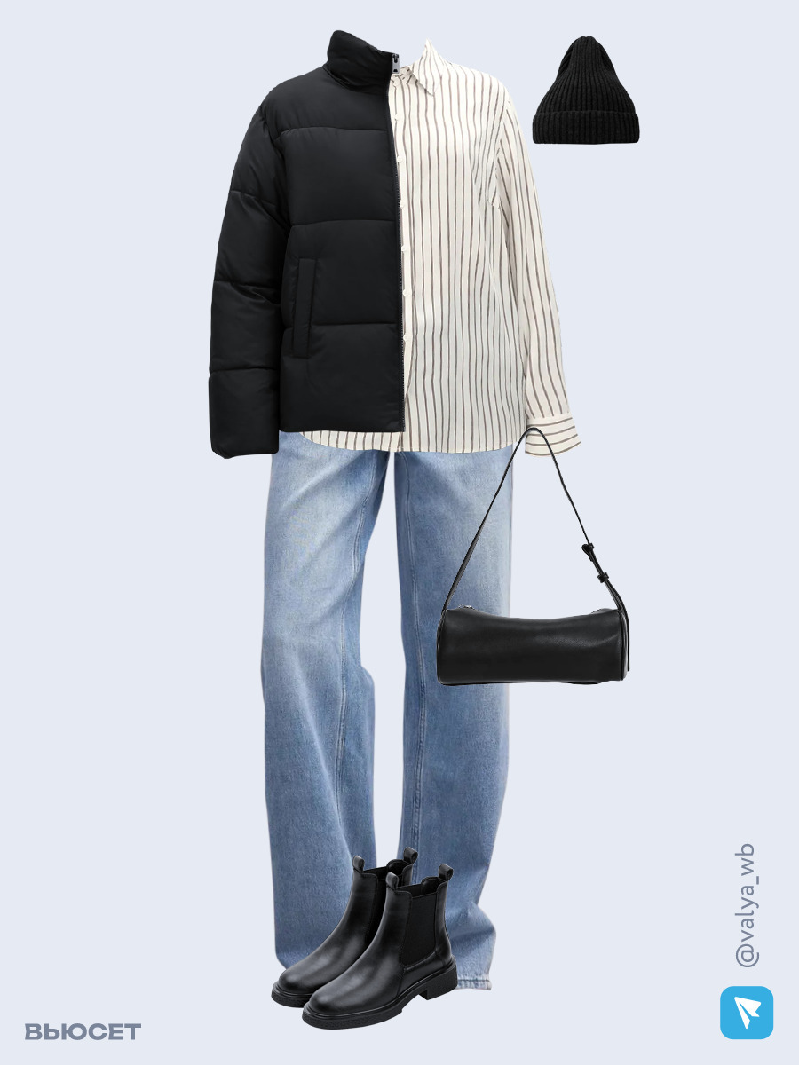 Образ с Вайлдберриз с артикулами (куртка, рубашка, джинсы, сумка, ботинки, шапка)