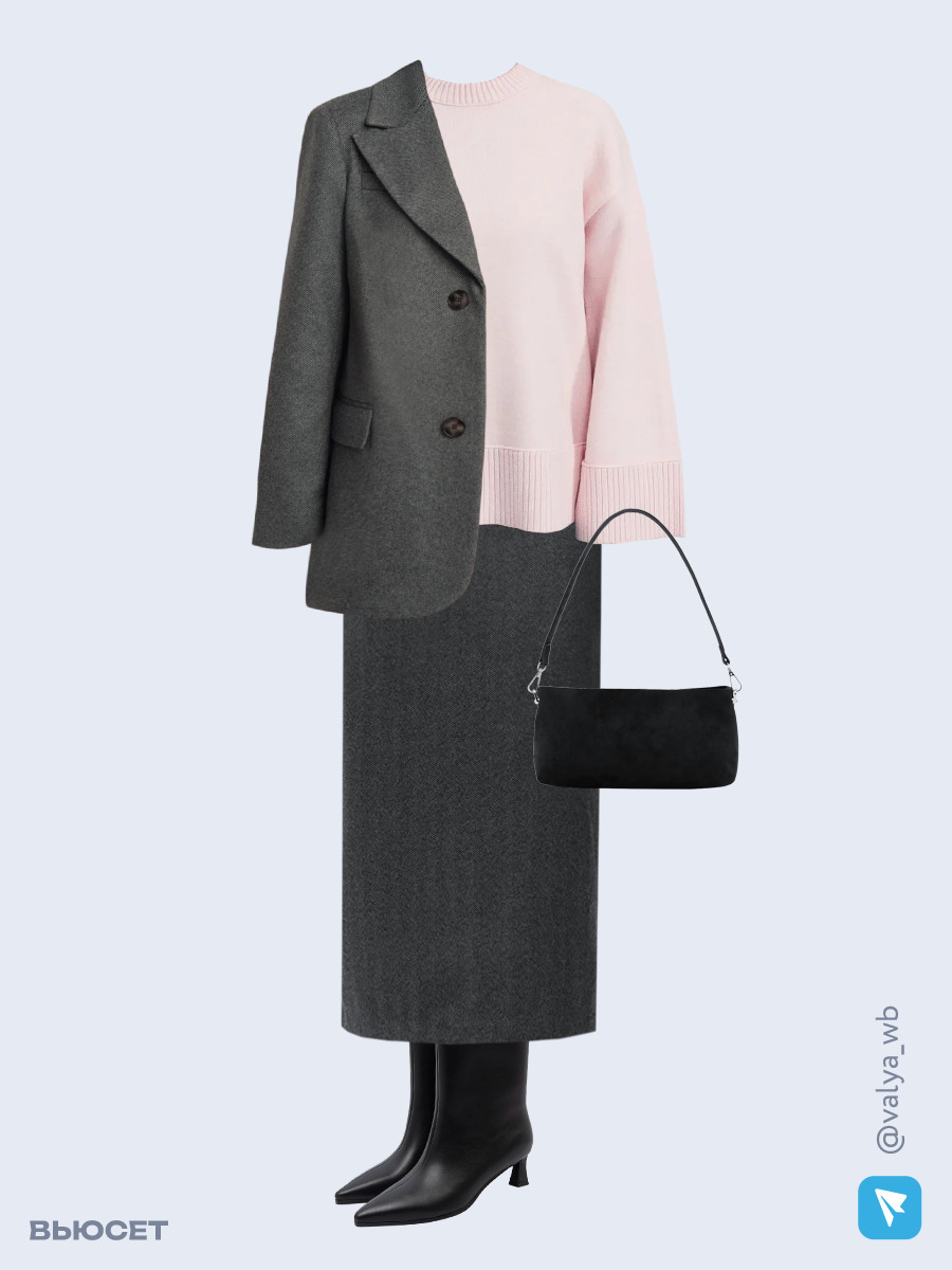 Образ с Вайлдберриз с артикулами (пальто, джемпер, юбка, сумка, ботильоны)