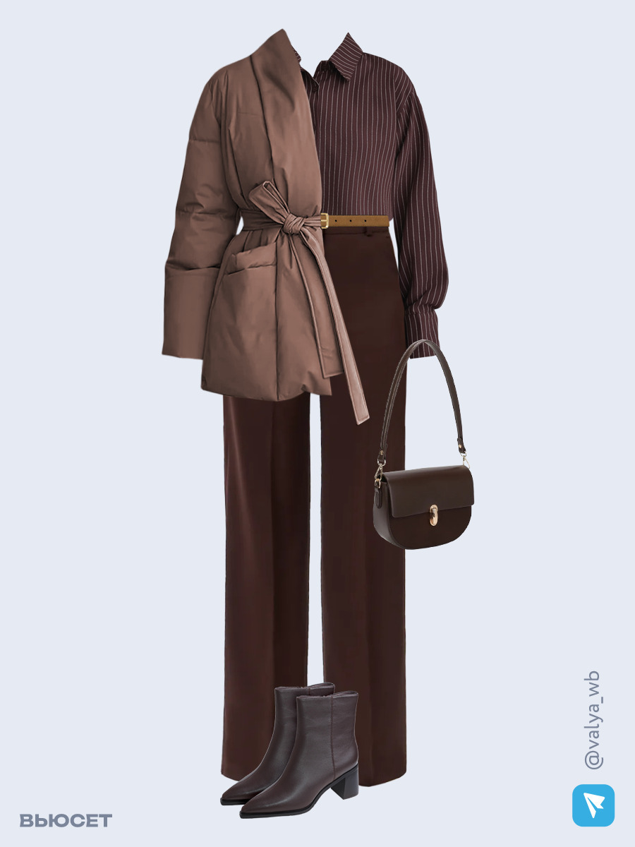 Образ с Вайлдберриз с артикулами (куртка, рубашка, брюки, сумка, ботильоны, ремень)