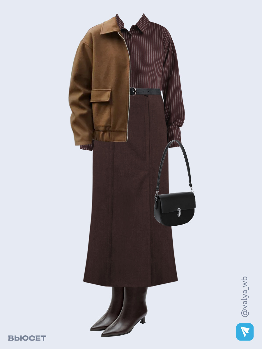 Образ с Вайлдберриз с артикулами (бомбер, рубашка, юбка, сумка, ботильоны, ремень)