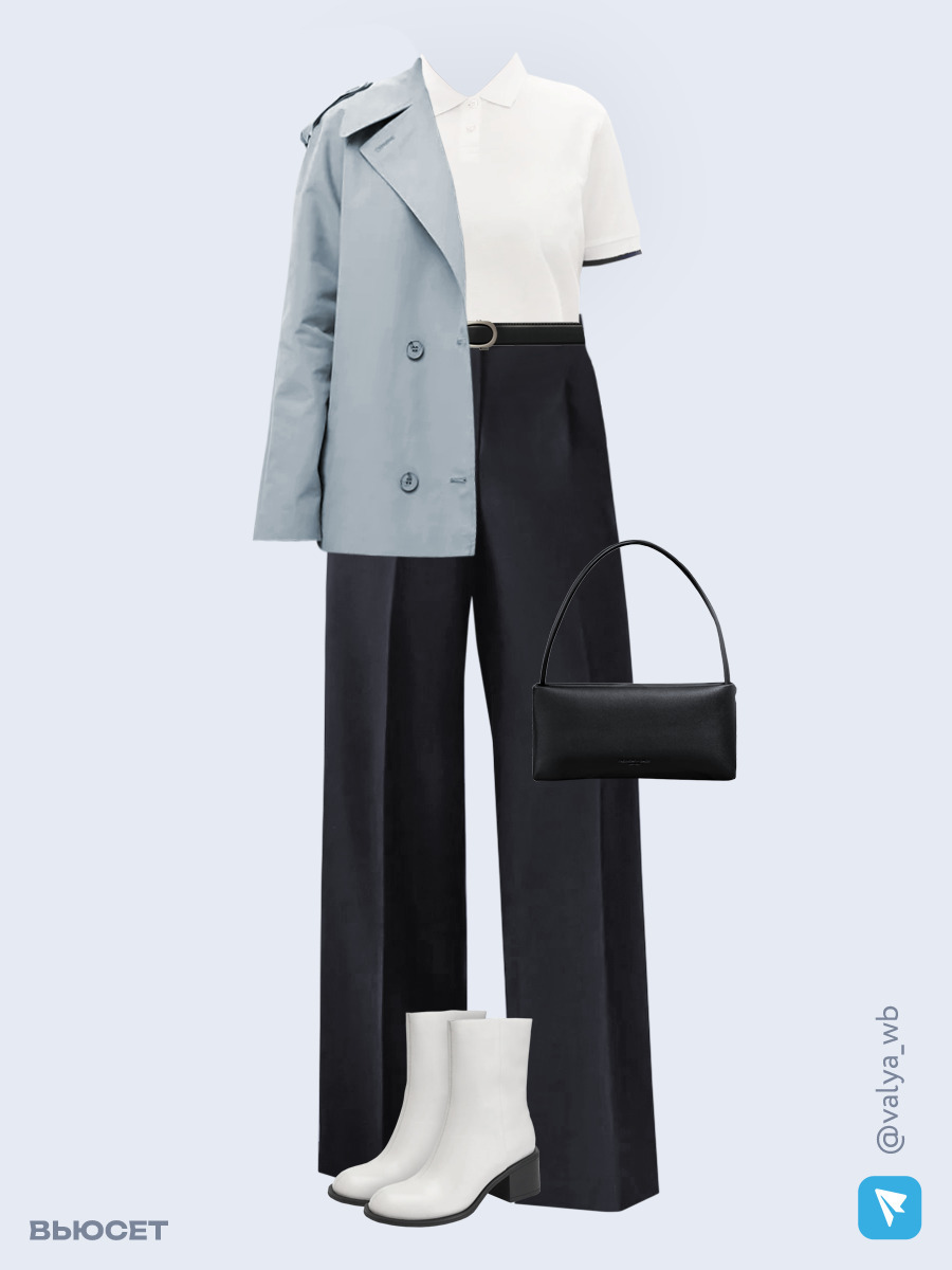 Образ с Вайлдберриз с артикулами (плащ, футболка, брюки, сумка, ботильоны, ремень)