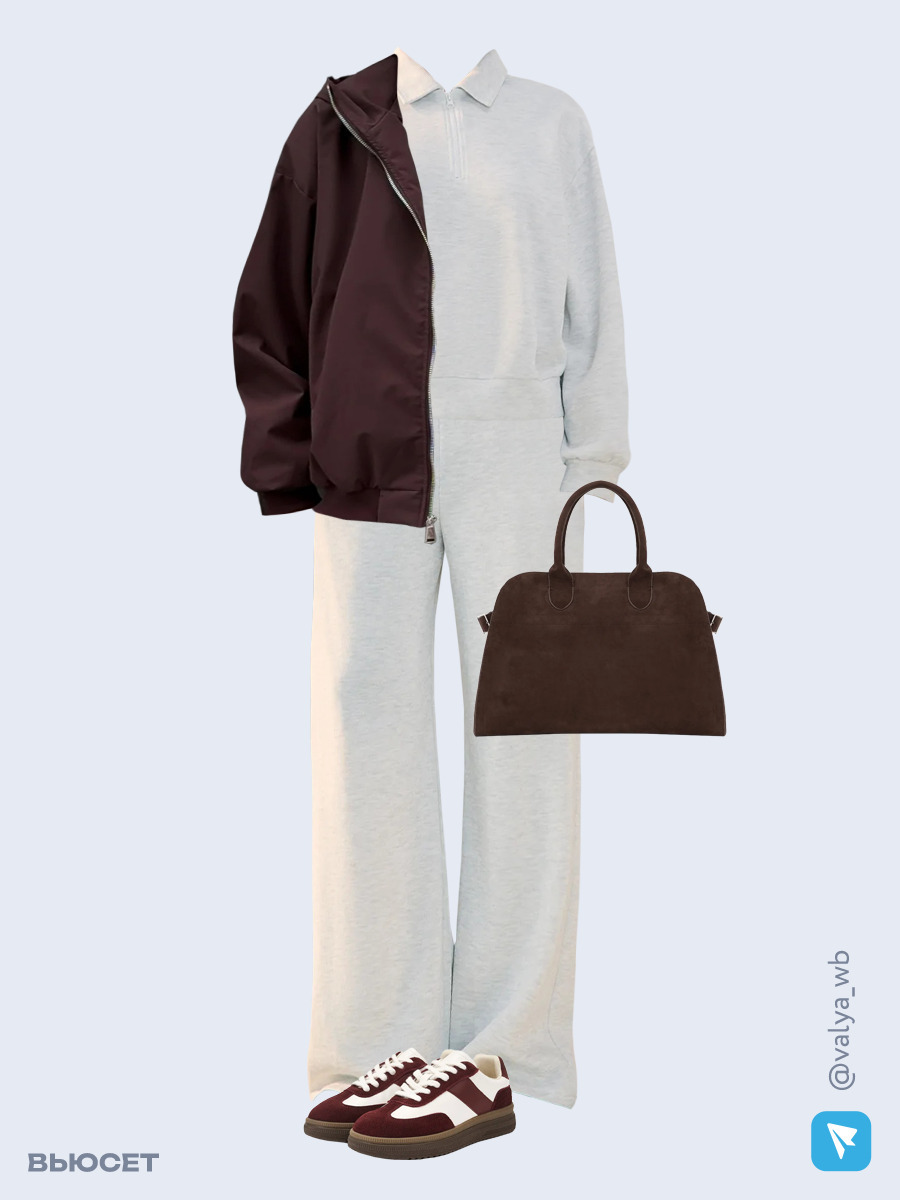 Образ с Вайлдберриз с артикулами (куртка, свитшот, брюки, сумка, кеды)