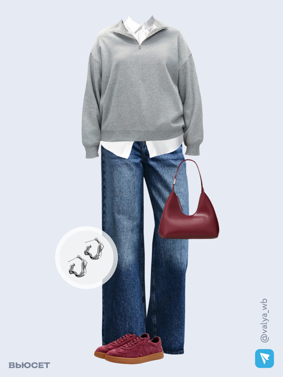 Образ с Вайлдберриз с артикулами (толстовка, рубашка, джинсы, сумка, кеды, серьги)