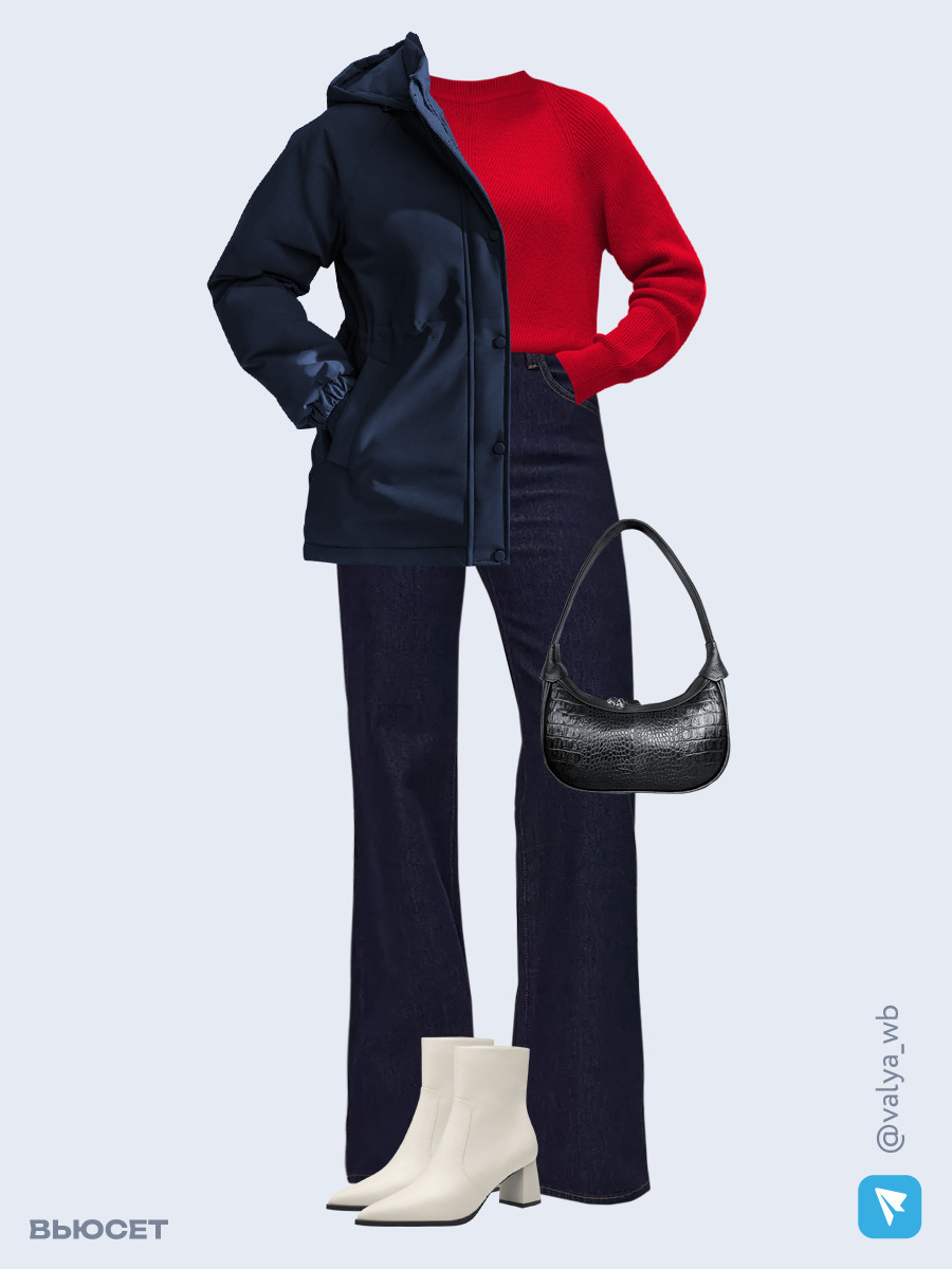 Образ с Вайлдберриз с артикулами (куртка, джемпер, джинсы, сумка, ботильоны)