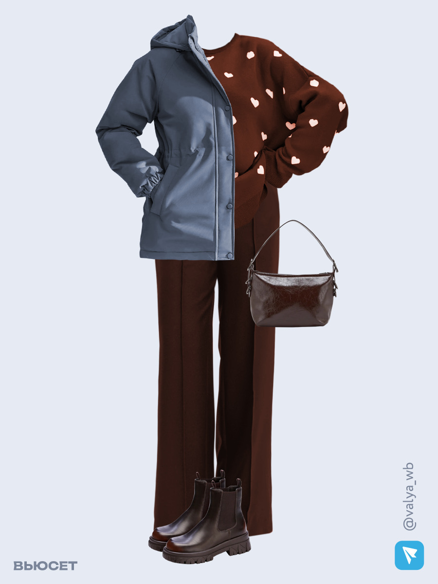 Образ с Вайлдберриз с артикулами (куртка, свитер, брюки, сумка, ботинки)