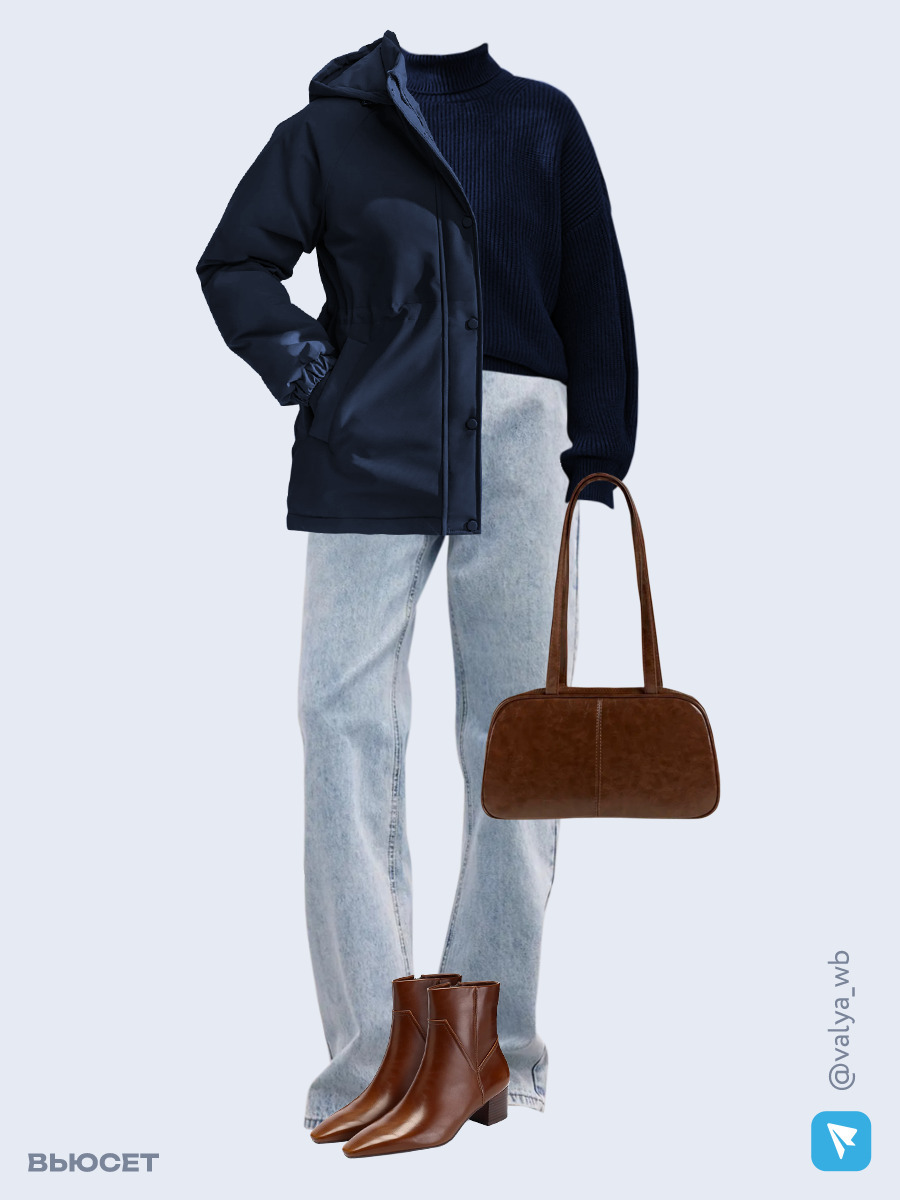Образ с Вайлдберриз с артикулами (куртка, свитер, джинсы, сумка, ботильоны)