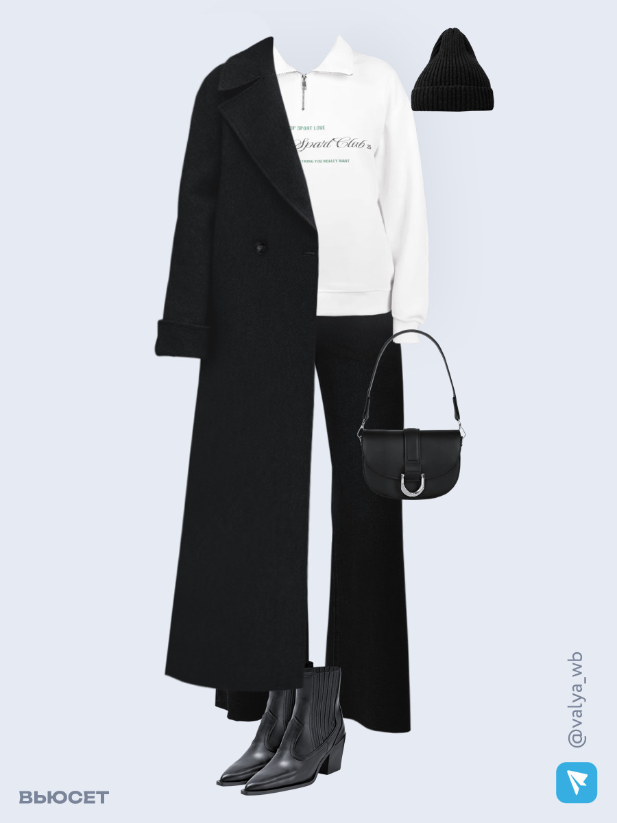 Образ с Вайлдберриз с артикулами (пальто, свитшот, джинсы, сумка, ботильоны, шапка)