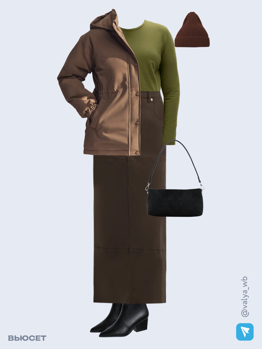 Образ с Вайлдберриз с артикулами (куртка, лонгслив, юбка, сумка, ботильоны, шапка)