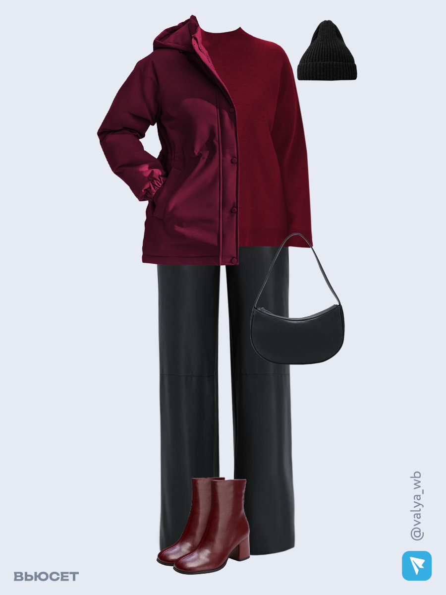 Образ с Вайлдберриз с артикулами (куртка, свитер, брюки, сумка, ботильоны, шапка)