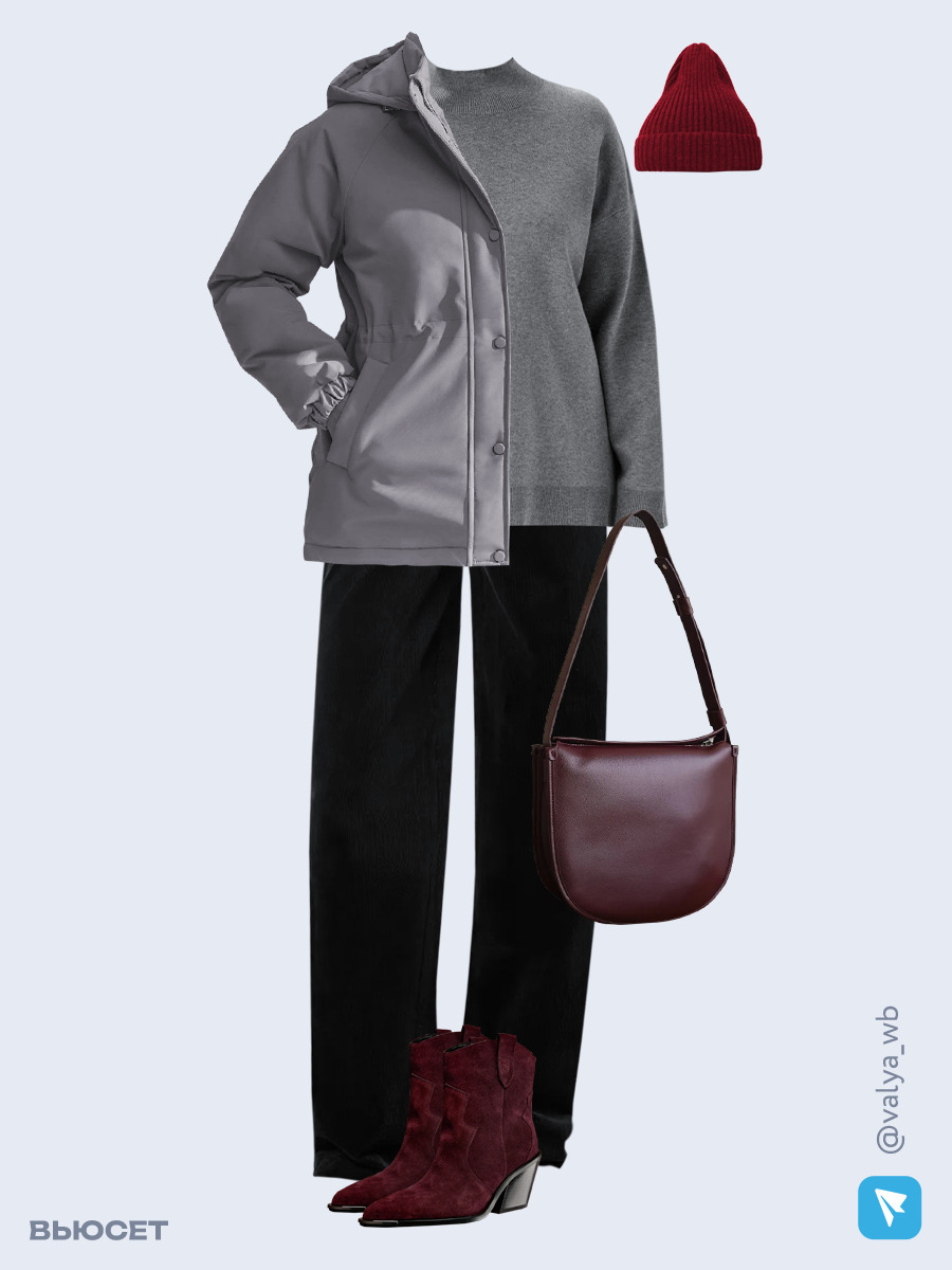 Образ с Вайлдберриз с артикулами (куртка, свитер, брюки, сумка, ботильоны, шапка)