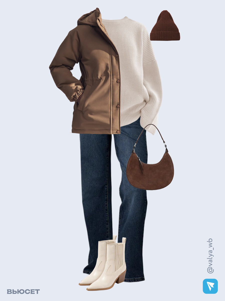 Образ с Вайлдберриз с артикулами (куртка, свитер, джинсы, сумка, ботильоны, шапка)