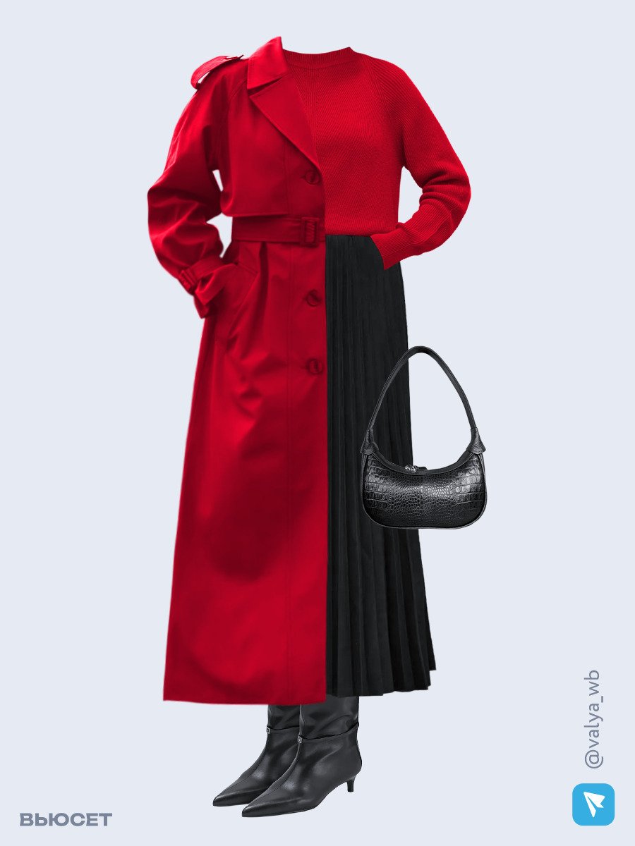 Образ с Вайлдберриз с артикулами (плащ, джемпер, юбка, сумка, сапоги)