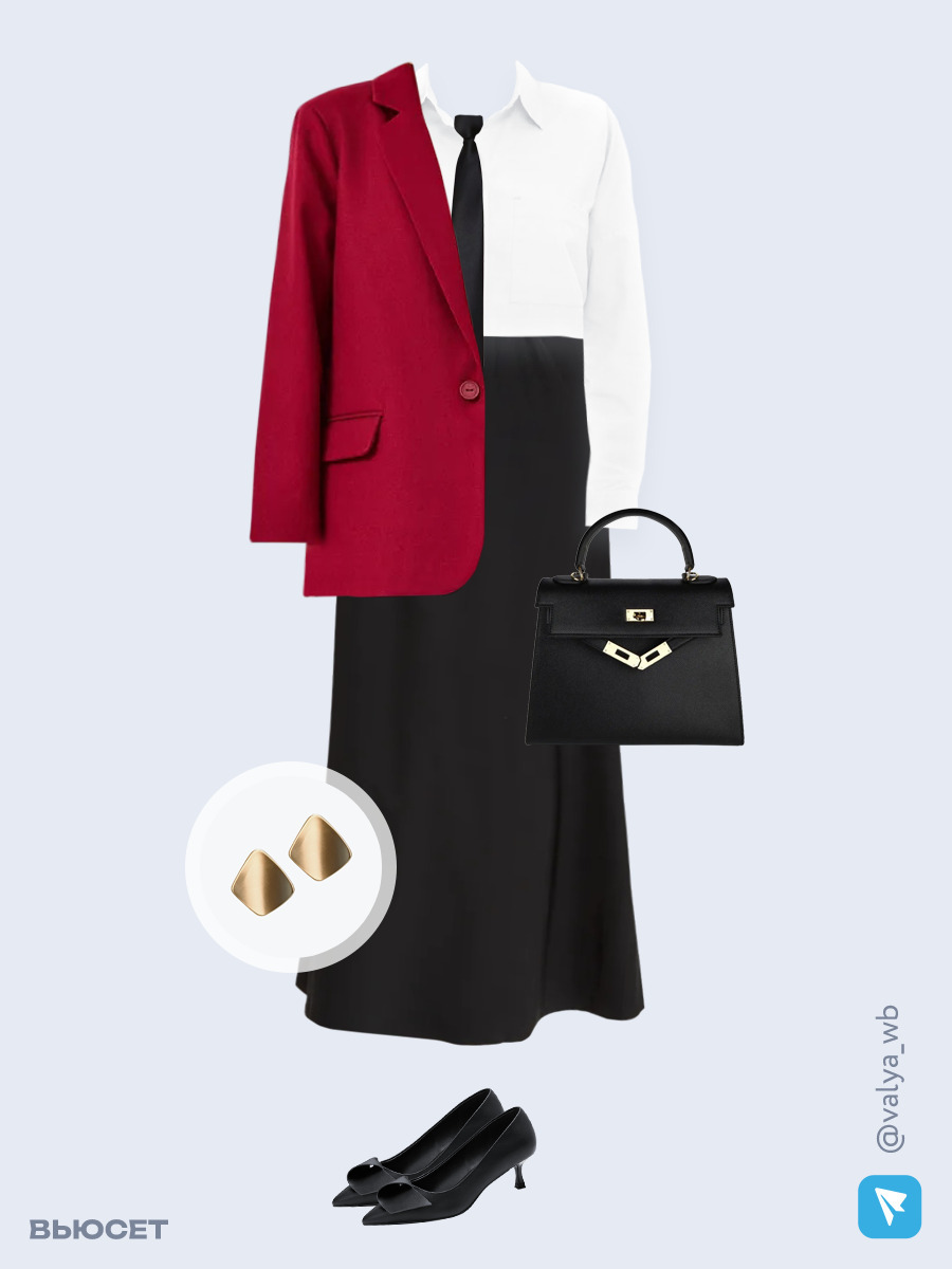 Образ с Вайлдберриз с артикулами (жакет, рубашка, юбка, сумка, туфли, серьги, галстук)