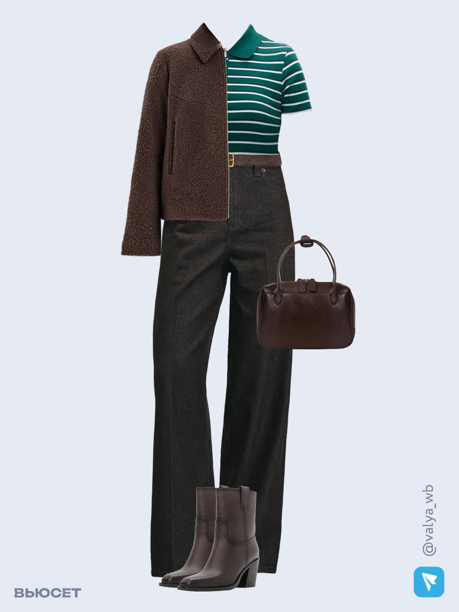 Образ с Вайлдберриз с артикулами (куртка, футболка, брюки, сумка, ботильоны зимние, ремень)