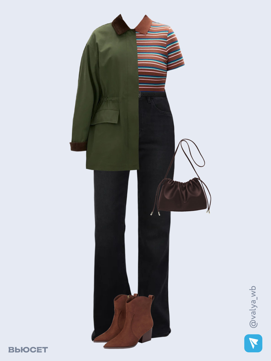 Образ с Вайлдберриз с артикулами (куртка, футболка, джинсы, сумка, ботильоны, ремень)