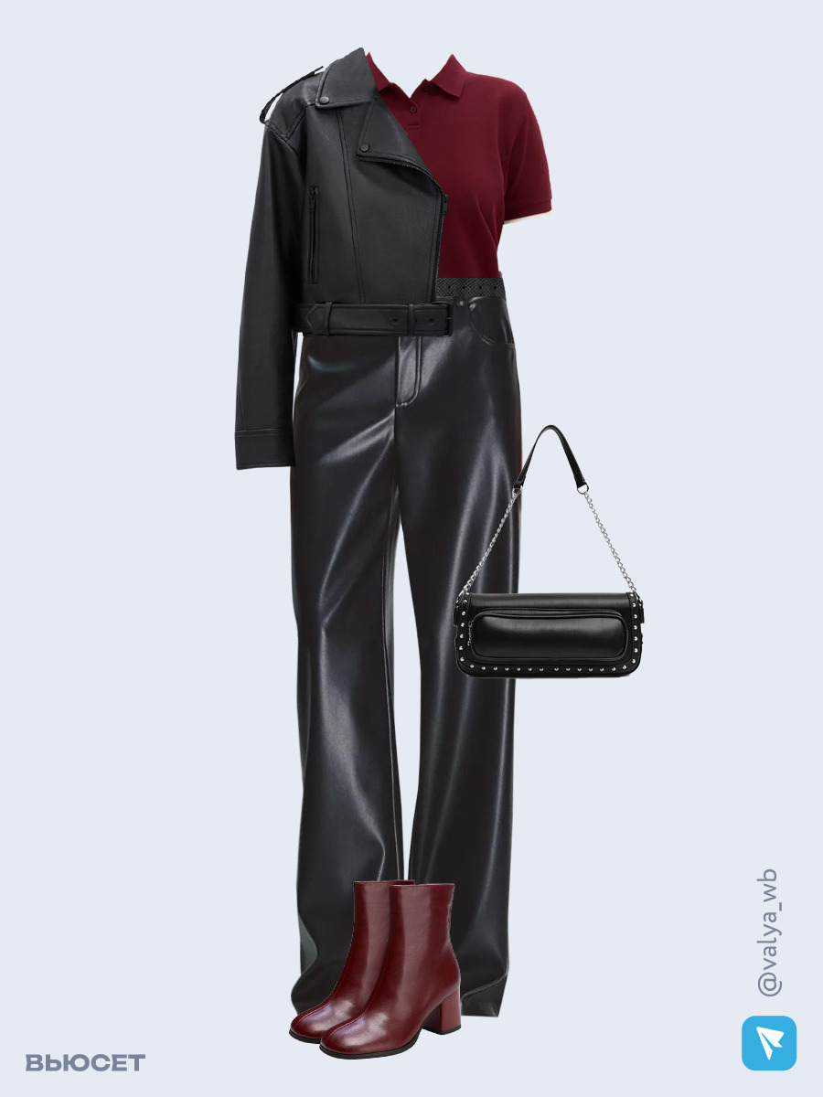 Образ с Вайлдберриз с артикулами (куртка, футболка, брюки, сумка, ботильоны, ремень)