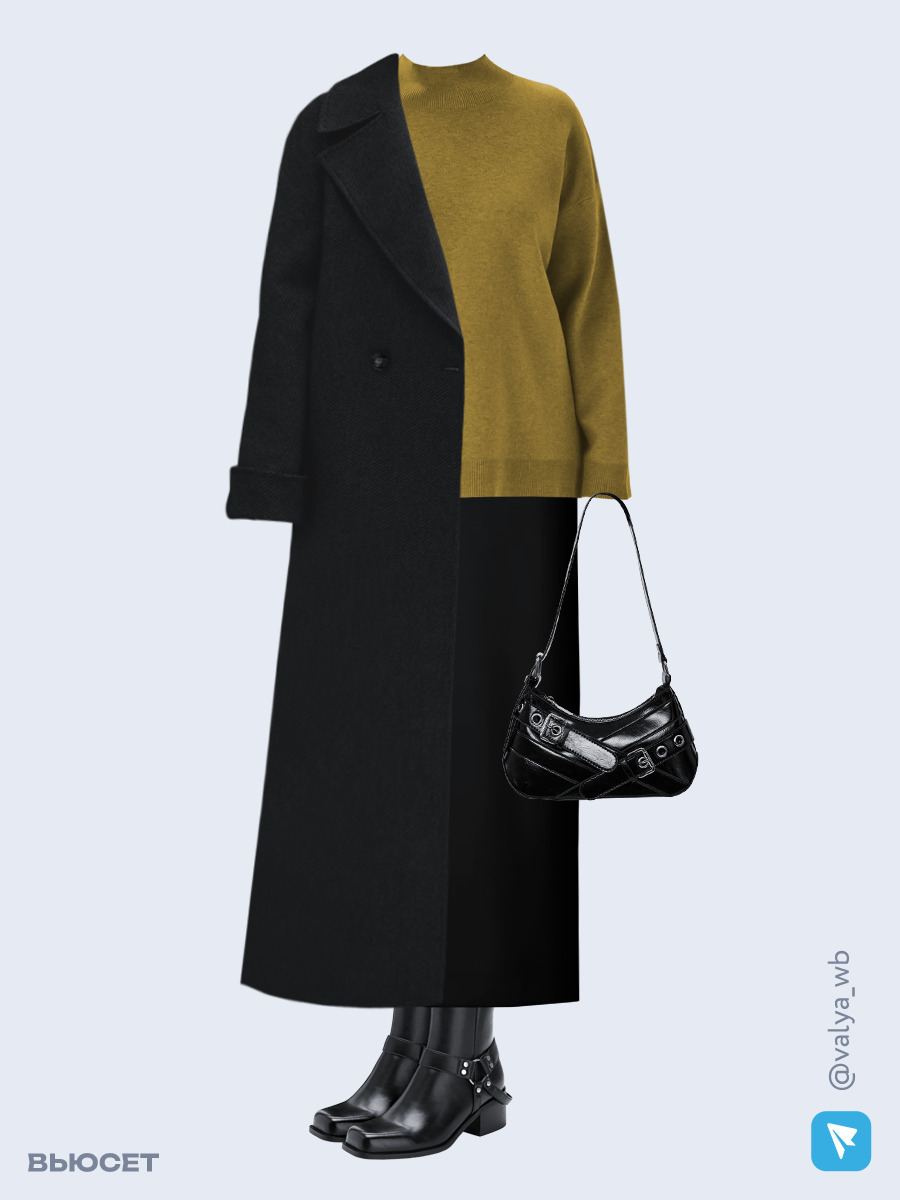 Образ с Вайлдберриз с артикулами (пальто, свитер, юбка, сумка, ботильоны)