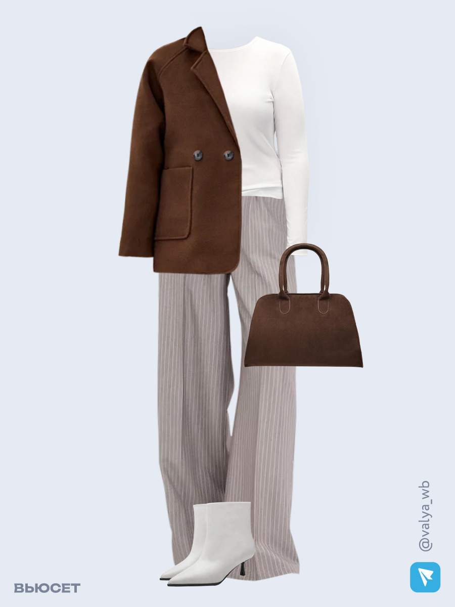 Образ с Вайлдберриз с артикулами (пальто, лонгслив, брюки, сумка, ботильоны)