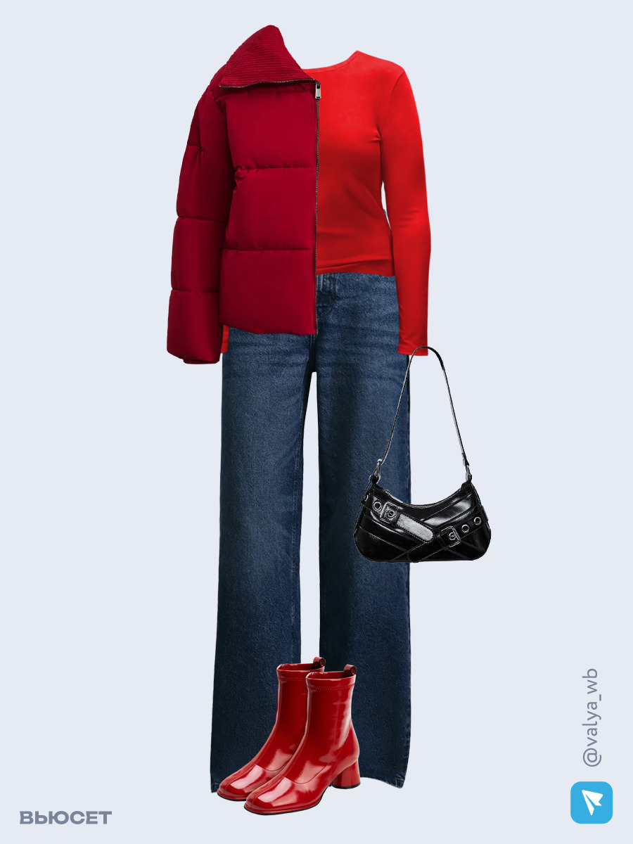 Образ с Вайлдберриз с артикулами (куртка, лонгслив, джинсы, сумка, ботильоны)
