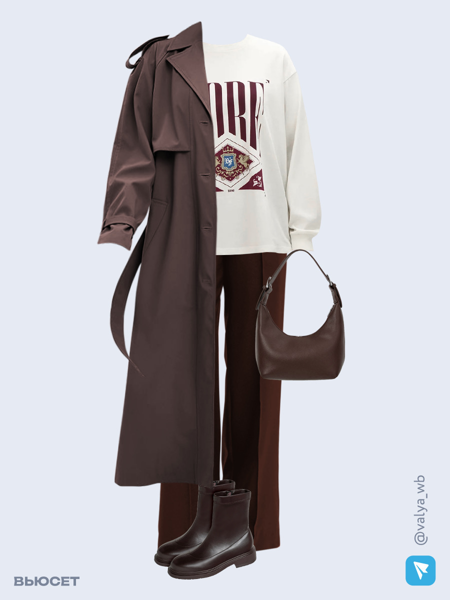 Образ с Вайлдберриз с артикулами (плащ, лонгслив, брюки, сумка, ботинки)