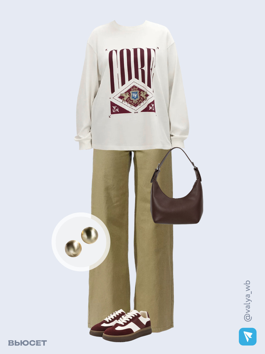 Образ с Вайлдберриз с артикулами (лонгслив, джинсы, сумка, кеды, серьги)