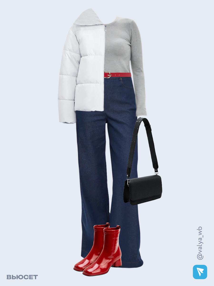 Образ с Вайлдберриз с артикулами (куртка, джемпер, джинсы, сумка, ботильоны, ремень)