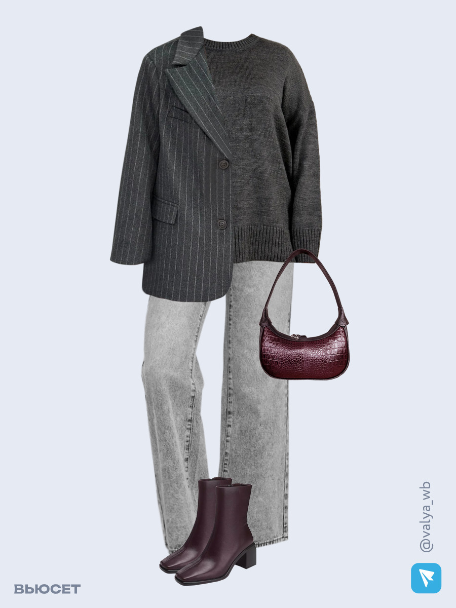 Образ с Вайлдберриз с артикулами (полупальто, свитер, джинсы, сумка, ботильоны)