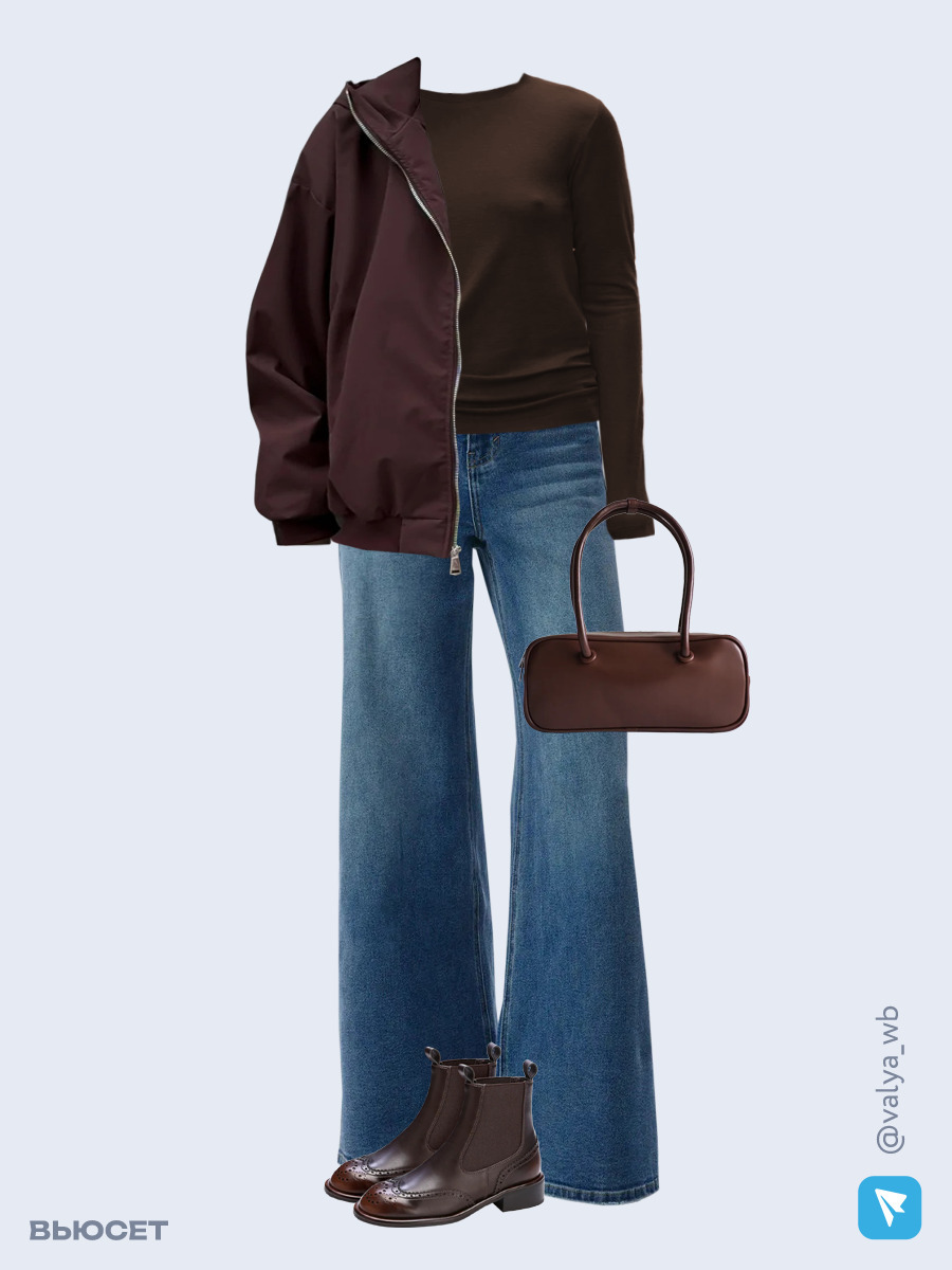 Образ с Вайлдберриз с артикулами (куртка, лонгслив, джинсы, сумка, ботинки)