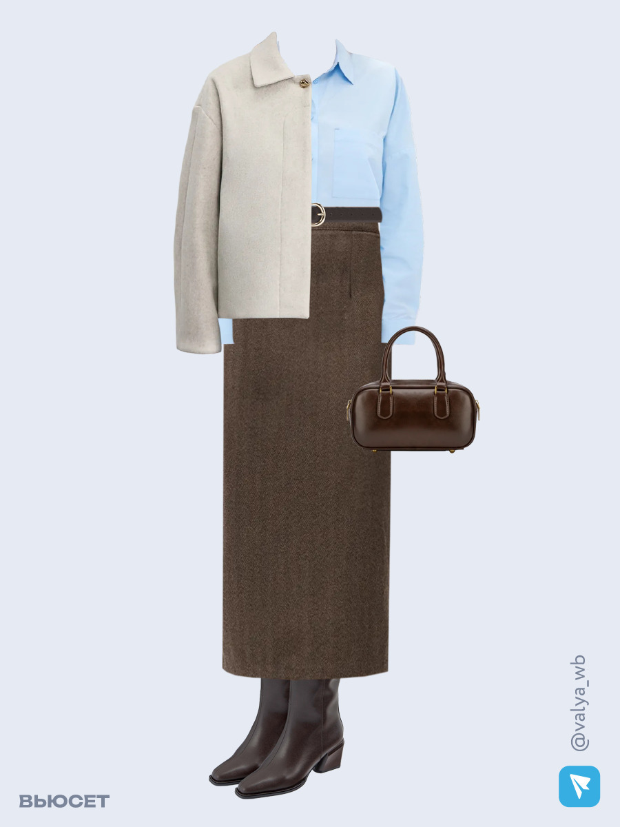 Образ с Вайлдберриз с артикулами (пальто, рубашка, юбка, сумка, сапоги, ремень)